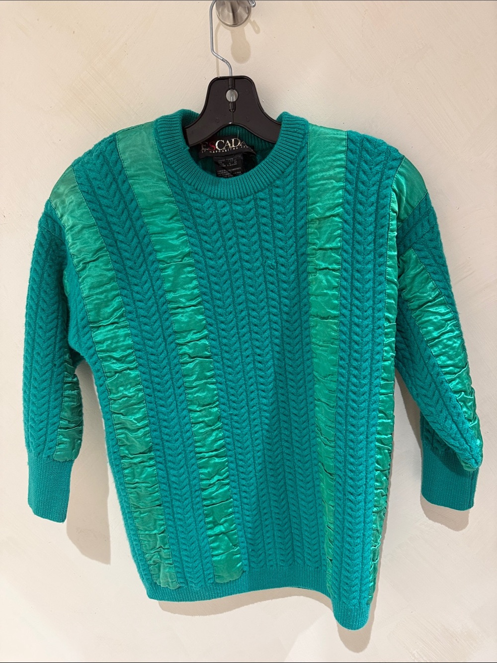 Escada Teal Cable Knit Crewneck Sweater with Satin Stripes